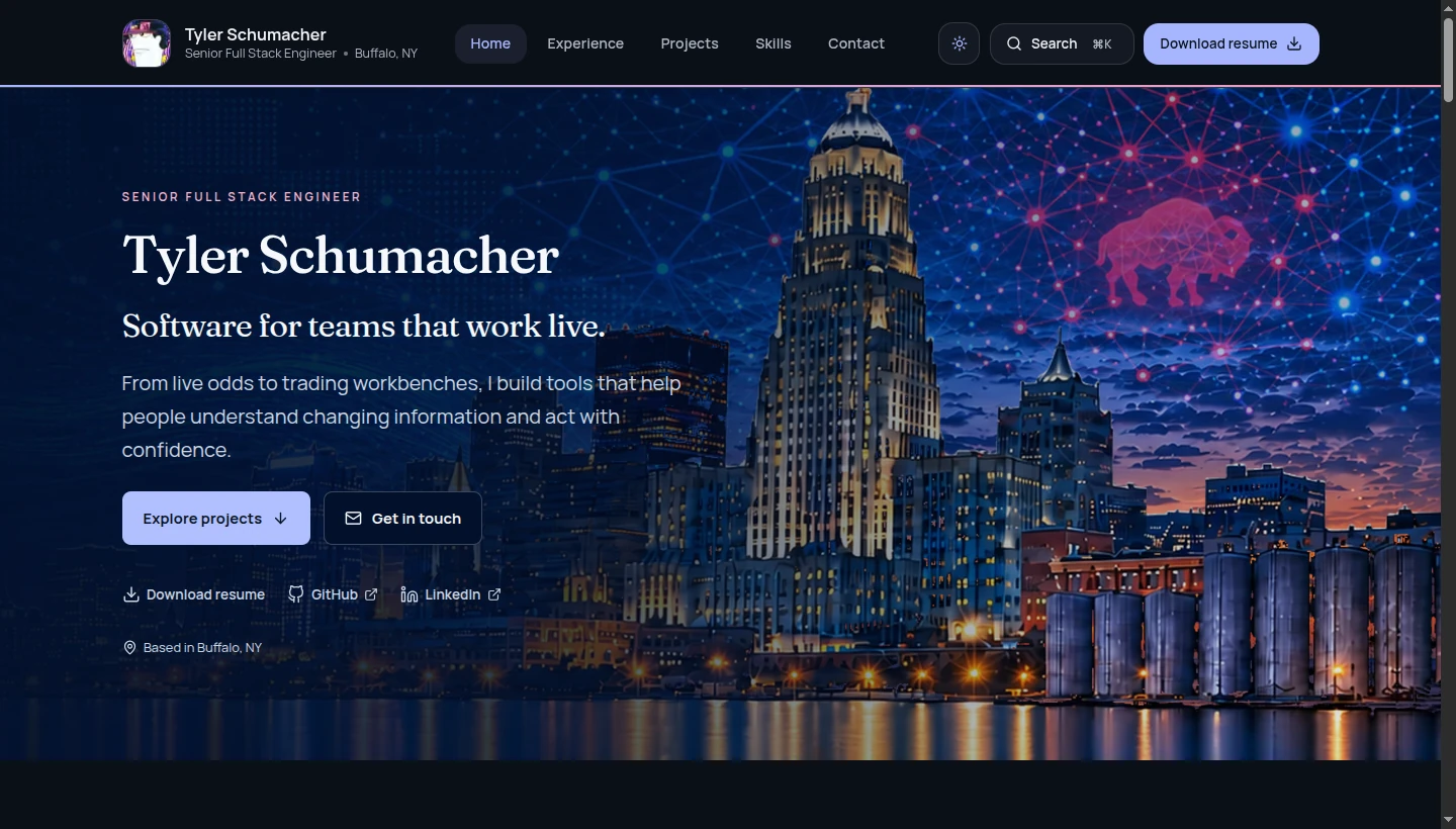 Tyler Schumacher’s portfolio homepage with a Buffalo skyline header, introduction, and project, contact, and resume links.