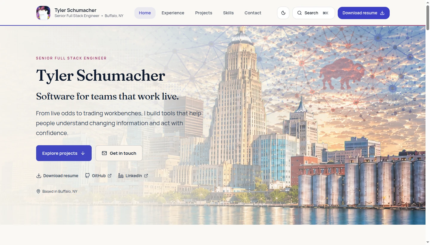 Tyler Schumacher’s portfolio homepage with a Buffalo skyline header, introduction, and project, contact, and resume links.